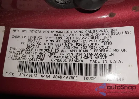 2007 Toyota Tacoma Prerunner V6 from USA, damaged, VIN 5TEJU62N77Z438786